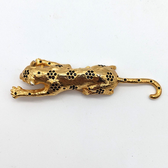 70s Spotted Leopard Brooch w Black Rhinestone Flowers Green Eyes Dangling Tail - Picture 4 of 13